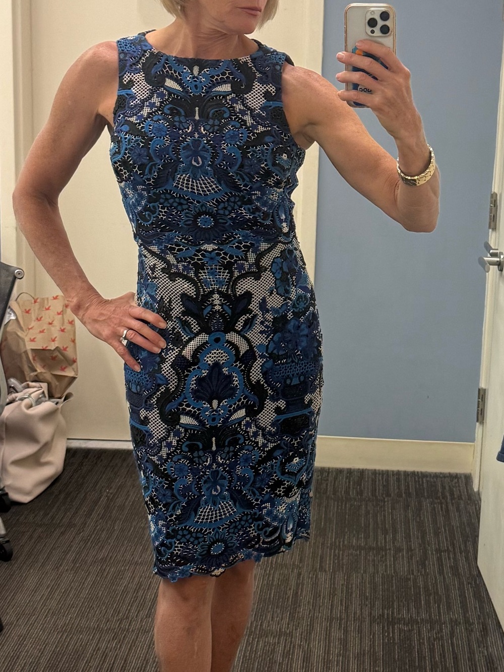 Badgley Mischka Blue Patterned Lace/Mesh Overlay Midi Sheath Dress
